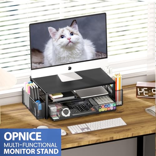 OPNICE Black 18x9.1x5.6 Inch 2-Tier Monitor Stand with Drawer & Pen Holders