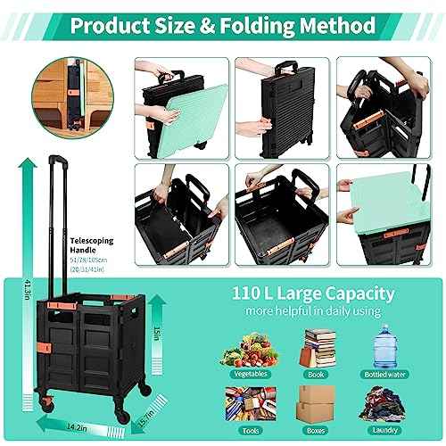 Rolling Crate Utility Cart Collapsible Tote Basket Teacher Cart with Lid Wear-Resistant Noiseless 360¡ÆRotate Wheel Telescoping Handle for Trave Moving Luggage Use(Green,110lbs)