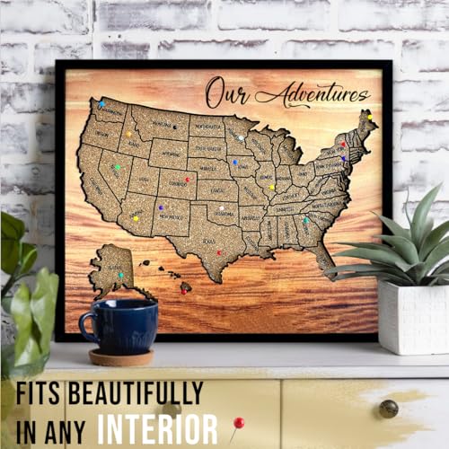 flinelife Cork Board Usa Travel Map With Pins, 12x10, Medium Size, Map of United States, Perfect For Couples and Families Gift