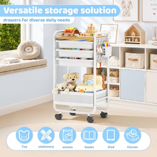 KINGRACK 3-Tier Rolling Cart with Drawer (White) – Metal Utility Storage Cart with Pegboard