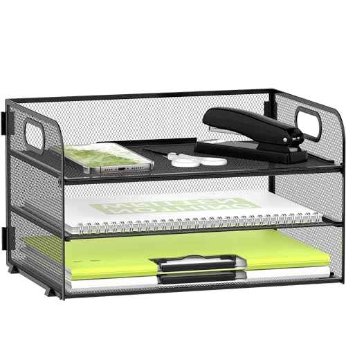 Daltack 3-Tier Paper Organizer with Handle, Mesh Desk Organizer Letter Tray, Paper Tray Organizer File Organizer for A4 File Folder, Black