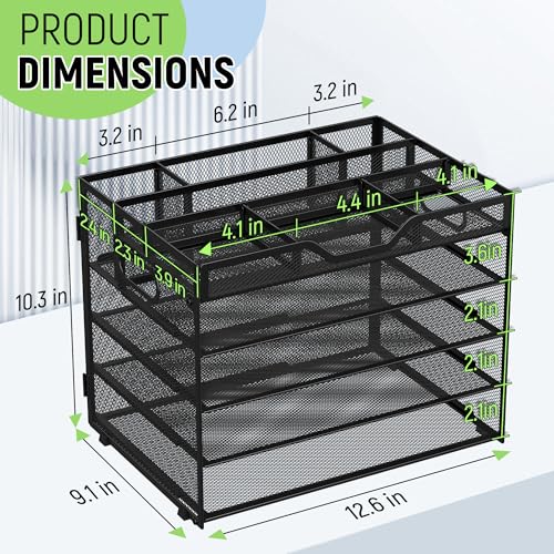 Docnest 5-Tier Mesh Desk Organizer with Removable Tray & Pen Holders, Black, 12.6x9.1x10.3 inches