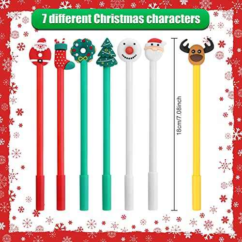 Zonon 200 Pieces Christmas Pens Holiday Novelty Fun Cartoon Characters Stick Black Gel Ink Rollerball Pens for Christmas Xmas Party Favors Goodie Bags Stuffer Gifts Office Supplies, 7 Styles