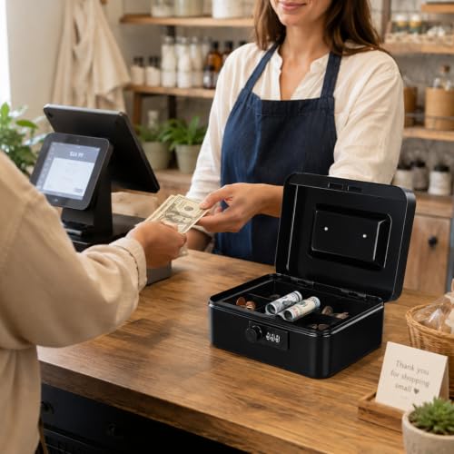 KYODOLED Medium Black Cash Box with Combination Lock & Removable Tray