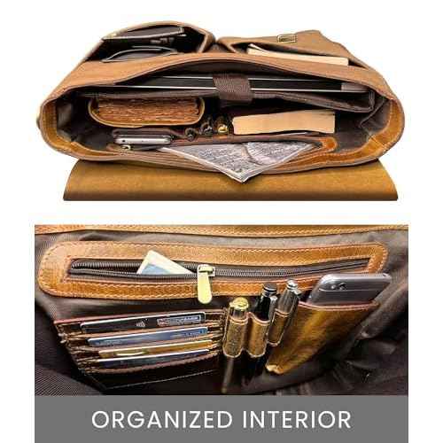 RUSTIC TOWN Leather Canvas Messenger Bag for Men Women - Vintage Laptop Satchel Leather Briefcase (14 Inch, Olive Green)
