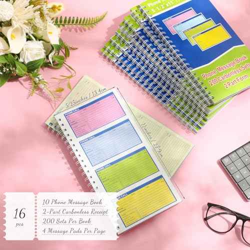 Sinmoe 16 Pcs Spiral Bound Phone Message Book with Carbon Copy 5-1/2" x 11" 2 Part Colorful Carbonless Telephone Message Pads Duplicate Spiral Phone Call Log Book for Business Office