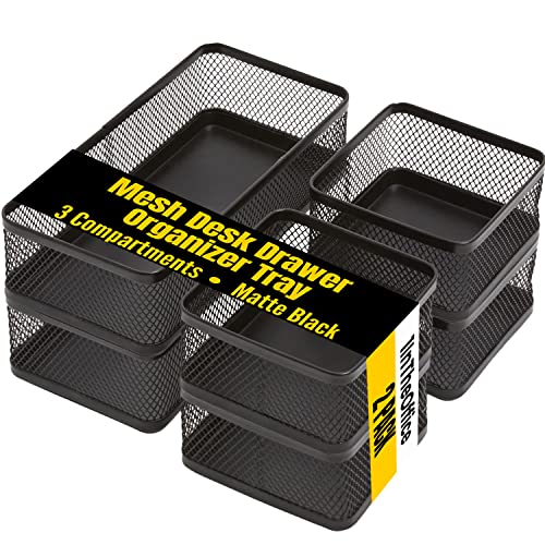 1InTheOffice Mesh Collection Desk Drawer Organizer Tray 3 Compartment - Stackable, Matte Black (2pack)