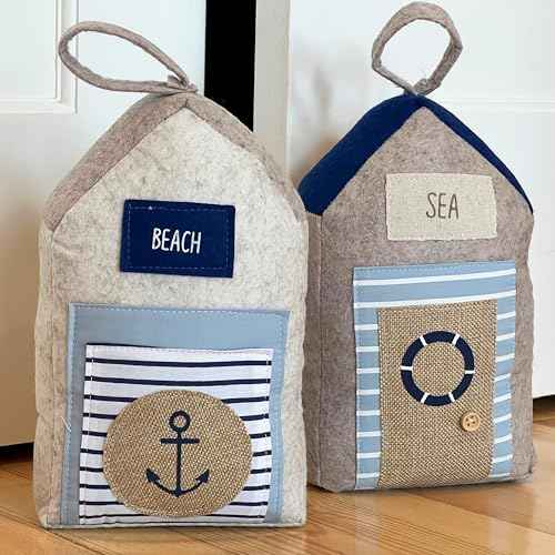 Coastal Cabana Soft Door Stops, Jute, Cotton, Loop Tops, Weighted, 11.75 Inches, House Shaped with Anchor and Lifesaver Fabric Embellishments