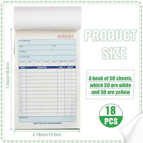 Lincia 18 Pads Sales Order Books 2 Part Carbonless (White/Canary Yellow) Receipt with Carbon Copies Cover Receipt Form Invoice 50 Sets Per Book (4.18 x 7.2 Inch/ 10.6 x 18.3 Cm)