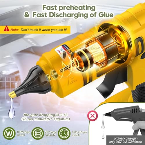 100W Cordless Hot Glue Gun for DeWalt 20V Battery(NO Battery), Full Size Hot Wireless Hot Glue Gun Kit with 12pcs 0.43'' Large Glue Gun Stick Set for Craft & DIY