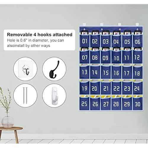 MISSLO Classroom Cell Phone Calculator Holder Numbered 30 Pockets Chart Hanging Wall Door Storage Organizer (Blue)