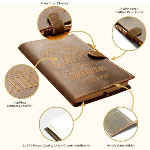 Sovereign-Gear Religious Refillable Leather Journal - Handmade A5 Writing Notebook with Pen - Philippians 4:13 ¡°I Can Do All Things¡± Embossed Diary with 2 Lined Inserts & Pen Holder - 480 Pages