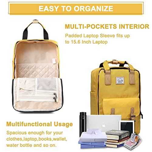 VASCHY Laptop Backpack for Men and Women, Unisex Vintage Water Resistant Casual Daypack Rucksack Bookbag for School College Yellow