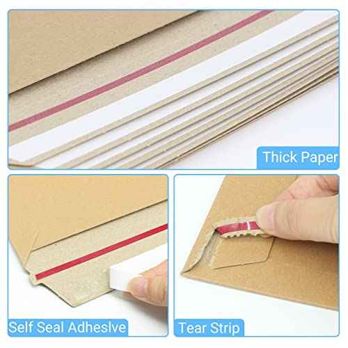 100 Pack 9X12 inch Self Seal Photo Document Mailers Stay Flat Kraft Cardboard Envelopes Photography Rigid Mailers for CD, Photos, Document (Kraft Brown)