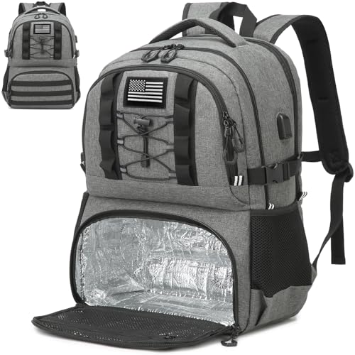 Laptop Lunch Backpack for Men - 40L Large Capacity Work Backpack with Lunch Compartment and USB Post, RFID Insulated Cooler Backpack for Work, Travel, Picnic, Black+Gray