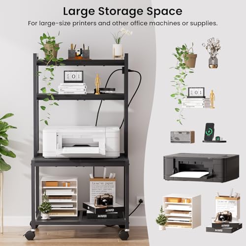 Printer Stand with Charging Station, 4-Tier Printer Stand with Storage, Large Tall Printer Table with Wheels for Home Office, Kitchen, Living Room, PrinterCart Beside Desk for Printer, Scanner Black