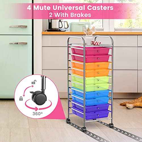 Storage Cart, Rolling Utility Cart with 10 Drawers, Portable Handles & Lockable Wheels, Mobile Paper Toys Storage Organizer Large Capacity for Home Office School Teacher (Rainbow)