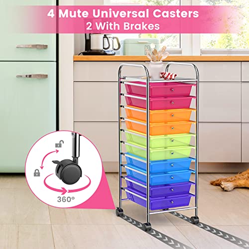 COSTWAY Rainbow 10-Drawer Mobile Storage Cart 13x15x34 Inches