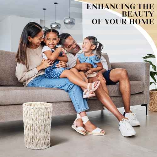 2 Pcs Wicker Trash Cans 2 Gallon Rattan Waste Baskets for Bathroom Wicker Waterproof Boho Trash Cans Compact Woven Round Decorative Waste Baskets for Bedroom Office Bathroom(White)