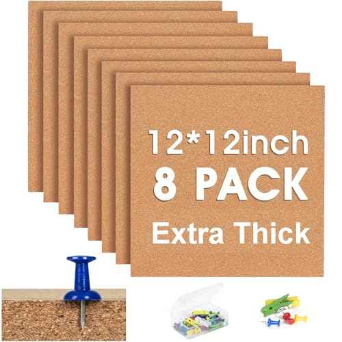 Square Cork Bulletin Board Tiles - SVOPY 8Pack Extra Thick 12x12 Inches Cork Board Tiles for Wall for Home Office Decor, Cork Sheet,School Message Board and Decorative Display Boards