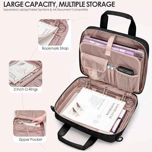 3 Ring Zipper Binder, 2 Inch Ring Binder Organizer Bag with Shoulder Strap Fits 13 Inch Laptop and 500 Sheets, Black (Empty Bag Only)