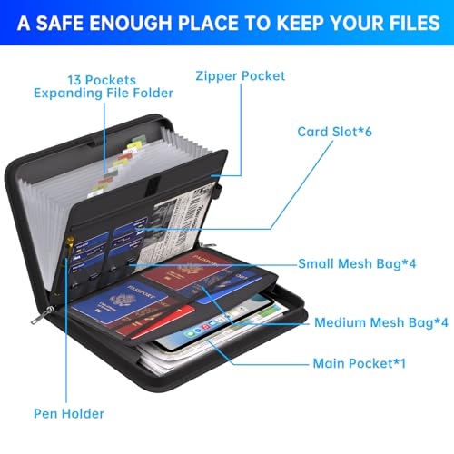 ENGPOW Fireproof Accordion File Organizer Black 14.2 x 10.4 x 2 Inches - 13 Pockets Document Storage