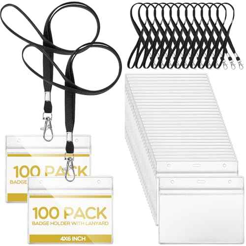 Patelai 100 Sets 6 x 4 Inch Badge Holder with Lanyard Horizontal Name Tag Lanyard with ID Holder Waterproof Clear Name Badge for Office Workers Volunteers (Black)