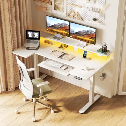 OffiGo 55 Inch U Shaped Electric Standing Desk with Keyboard Tray - White