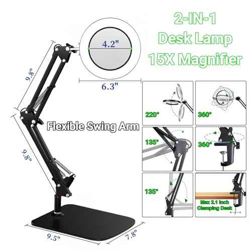 15X Real Glass Lens Magnifying Glass with Light ? 3 Color Modes & Adjustable Brightness, Hands-Free Magnifier with Metal Base & Clamp for Crafts, Repair, Reading, Sewing, Painting & Close Work