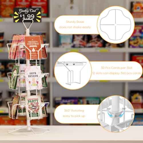 ORLESS Greeting Card Rack Display Stand, 3 Tier Rotating Card Holder Display Retail, 12 Pocket Metal Postcard Holder Display Stand, Greeting Card Holder for Postcards, Brochures, Stickers, Showcase(White)