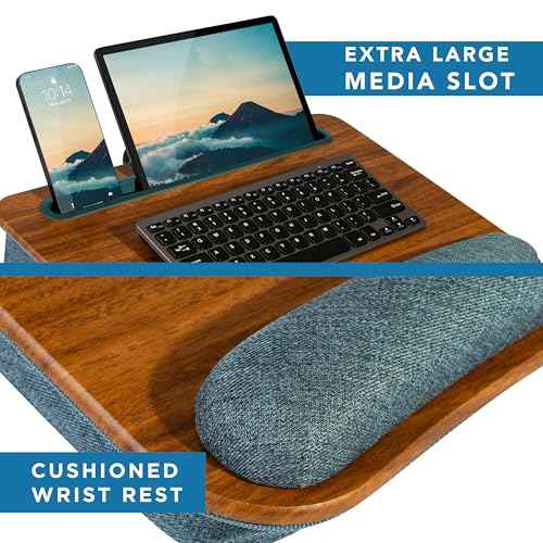 LAPGEAR Portable Laptop Lap Desk with Pillow Cushion, Anti-Slip Strip, Tablet or Phone Storage Slot, Pen and Pencil Pocket, and Wrist Rest - Espresso Woodgrain - Fits 17.3" Laptops - Style No. 91342
