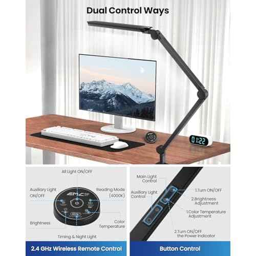 LED Desk Lamp with Clamp, Ultra-Bright Dual Light Architect Desk Light with Adjustable Swing Arm, Eye-Caring 4 Color Modes Stepless Dimming Task Table Lamp for Home Office Reading Study & Workbench