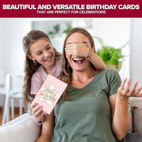 Decorably 24 Pack Foiled and Glittery 6x4in Assorted Birthday Cards with Envelopes and Stickers, 24 Unique Designs Box of Birthday Cards with Envelopes with Printed Message Inside