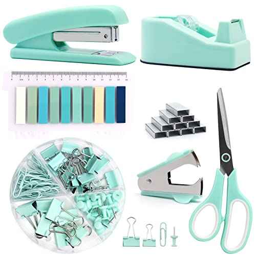 Green Office Supplies,UPIHO Teal Desk Accessories,Stapler and Tape Dispenser Set for Women with Stapler,Tape Dispenser,Staple Remover, Staples, Clips, Scissor and Tabs for Students, Office Clerks