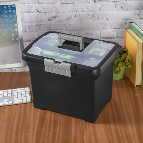 File Organizer and Portable File Box - 15 Inch Letter Size Plastic Storage Box, Expandable File Folder for Office/Home (Black)