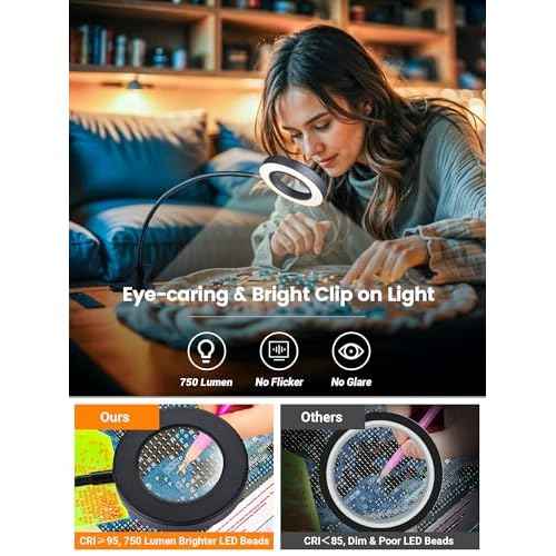10X Magnifying Glass with Light,5 Colors+10 Brightness Reading Lamp,58 LED Magnifier with Light,750 Lumen Lighted Magnifying Glass for Reading,Clip on Lamp for Desk/Bed/Work/Nail [Adapter]