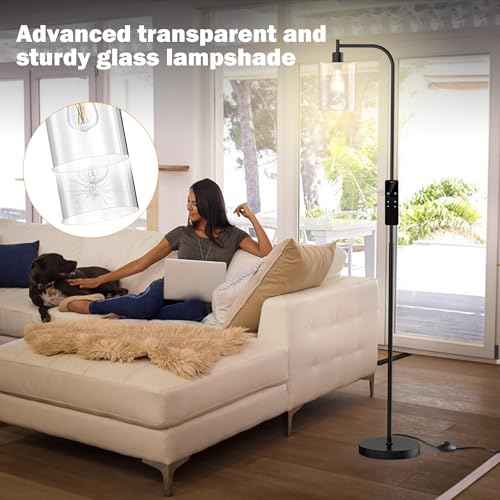 Industrial Floor Lamp with Glass Shade, Modern Dimmable Floor lamp with Remote LED Bulbs, Tall Lamp for Living Room Corner, Bedroom, Office (Black)