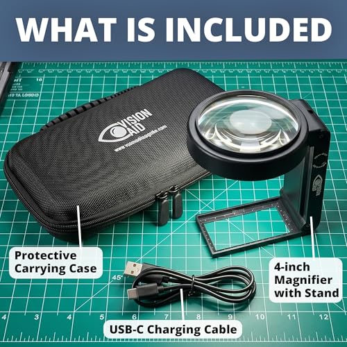 Vision Aid Deluxe USB Rechargeable Hands-Free Magnifying Glass with Stand and LED Light