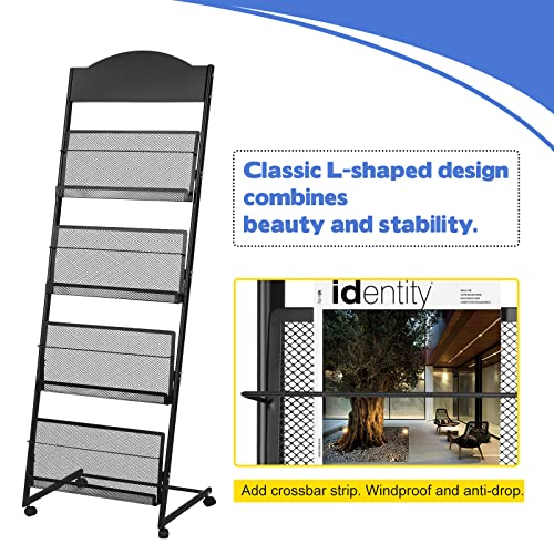 18.9''W Floor-Standing Magazine Display Rack, Rolling Journals, Brochure & Newspaper Stand, Literature Holder for Trade Shows, Exhibitions, & Offices, Black