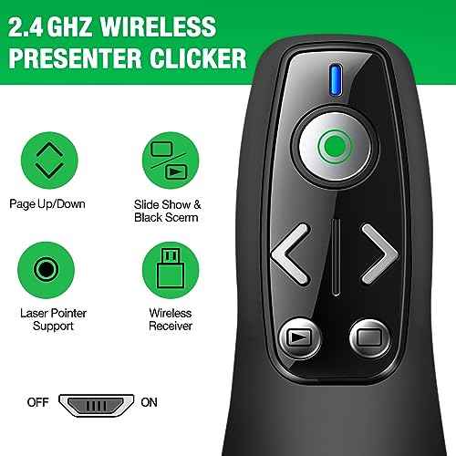 2-in-1 USB Type C Presentation Clicker Wireless Presenter Remote with Green Light for PowerPoint, Powerpoint Clicker with Volume Control PowerPoint Slide Advancer for Mac, Computer, Laptop