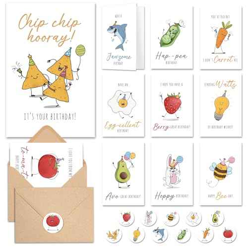 Birthday Cards with Envelopes & Stickers, Funny Assorted Happy Birthday Bulk, Cute Handmade Bday Greeting Cards for Kids, Students, Women, Friends, Family, Work & Office, 20 Unique Designs (4"x6")