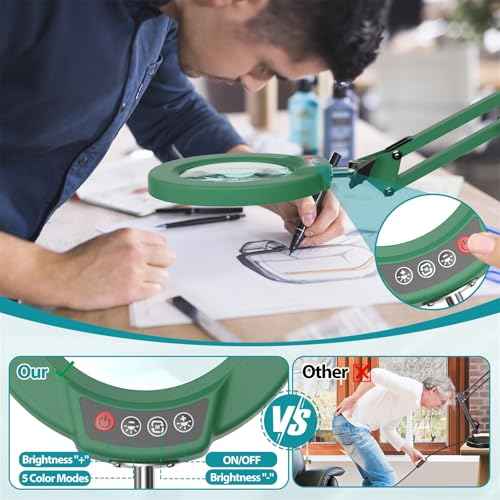 10X Magnifying Glass with Light and Stand, Green 2-in-1 Desk Lamp & Clamp Light, 5 Color Modes, Brightness Stepless Dimming LED Lighted Magnifier Hand-Free, Magnifier Lamp for Crafts - Green