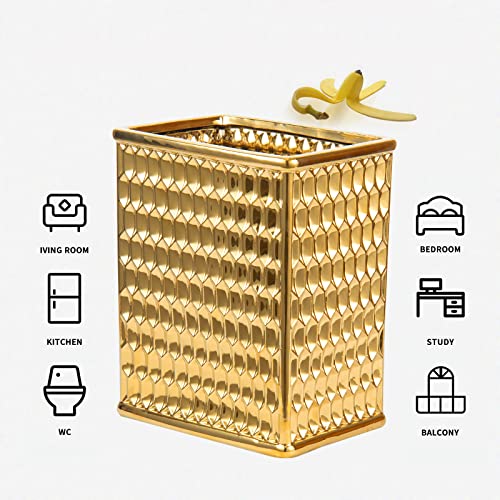 Ceramic Gold Square Trash can Waste Basket, Decorative Garbage Can for Bathroom, Bedroom, Home Office, Kitchen, Dorm, College (1.5 Gallon, Small, Open Top)