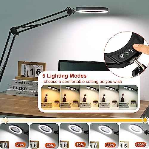 VEEMAGNI 5 Inch Large Magnifying Glass with Light and Stand, 5 Color Modes Stepless Dimmable, 2*16 Inch Swivel Arm LED Clamp Desk Lamp, Hands Free 8X Lighted Magnifier for Close Work Crafts Soldering