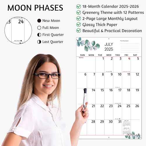 Wall Calendar 2025-2026 - Large Print Calendar, Jul 2025 - Dec 2026, 14.6 x 22.8 In (Open), 18 Monthly Calendar 2025-2026 with Big Numbers, Large Grid, Notes, Moon Phases, Great for Planning