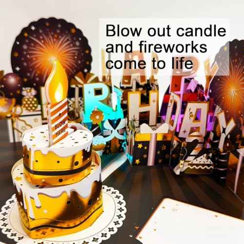 Ribbli Birthday Cards, Firework Pop Up Card with Light and Music, Musical Birthday Card for Men Women, 8.2 x 5.7 Inches with Envelope