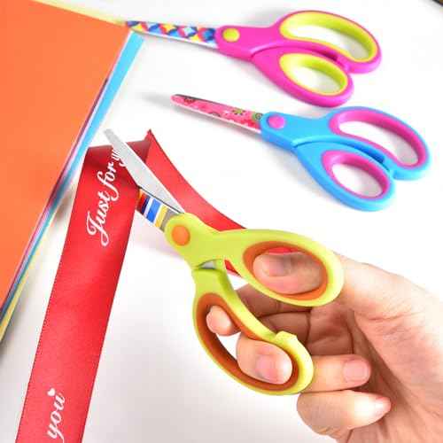Kids Scissors Set, Safety Children Scissors with Blunt-Tip Floral Print Blade and Soft Grip, Great for DIY, Arts, Home, School Classroom Use, Blue/Purple/Yellow