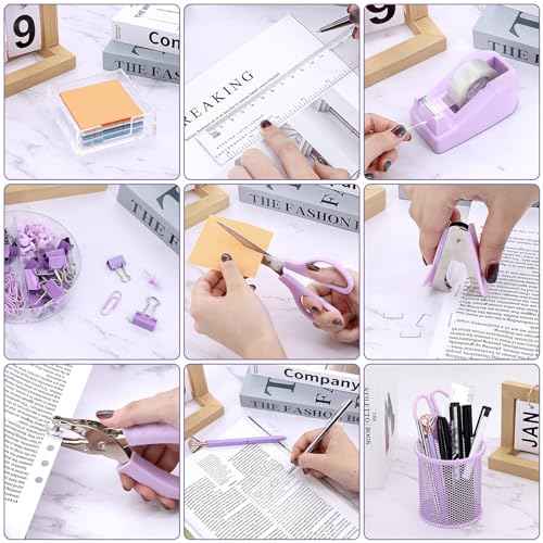 17 in 1 Purple Desk Organizers and Accessories Set, 3 Office Desk Supplies Storage Organization, 4 Pens, Stapler, Staples & Remover, Tape & Dispenser, Scissors, Ruler, Clips, Hole Punch Back to School