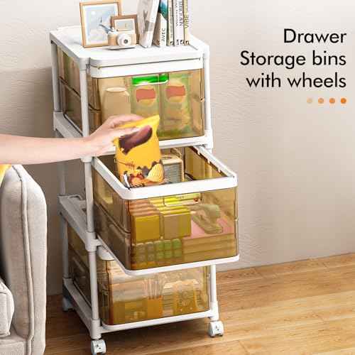 3 Drawer Storage Organzier - Plastic Drawer Stroage, Stackable Storage Drawers, Storage Bins with Wheels, Foldable Drawer Organizer, 20 Quart/Bin, Total 60 Qurat