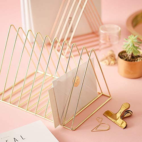 PENGKE File Organizer Triangle Iron Desktop Storage Book Rack Bookshelf Copper Magazine Newspaper Holder Art Desktop Organizer Rack,Gold Pack of 1